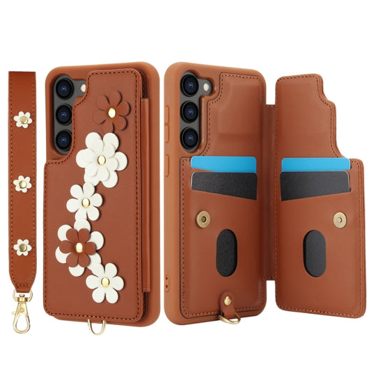 For Samsung Galaxy S25+ 5G Crossbody Flower Pattern Leather Phone Case(Brown) by buy2fix