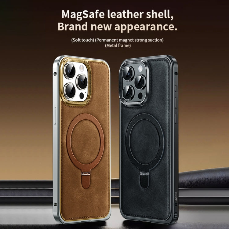 For iPhone 15 Pro Max Metal Frame Oil Wax Leather MagSafe Phone Case with Spring Buckle Stand(Brown) - iPhone 15 Pro Max Cases by buy2fix | Online Shopping UK | buy2fix
