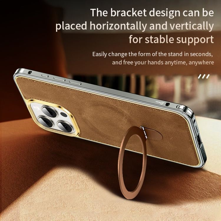 For iPhone 15 Pro Max Metal Frame Oil Wax Leather MagSafe Phone Case with Spring Buckle Stand(Brown) - iPhone 15 Pro Max Cases by buy2fix | Online Shopping UK | buy2fix