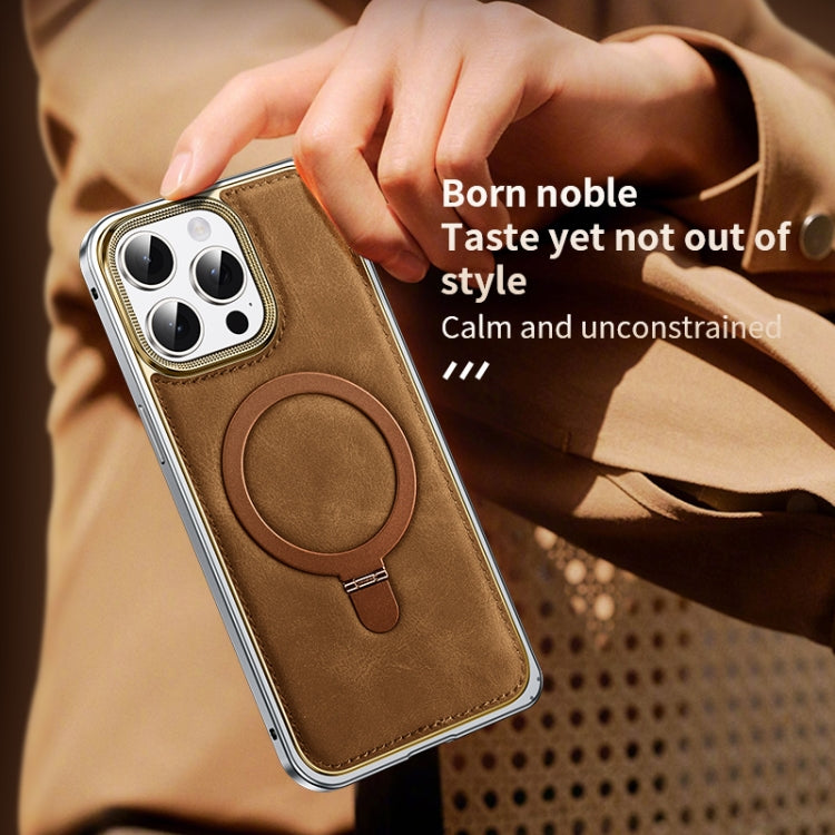For iPhone 15 Pro Max Metal Frame Oil Wax Leather MagSafe Phone Case with Spring Buckle Stand(Brown) - iPhone 15 Pro Max Cases by buy2fix | Online Shopping UK | buy2fix