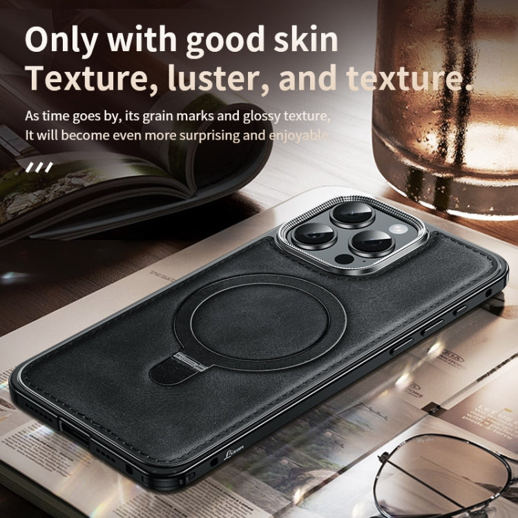 For iPhone 15 Metal Frame Oil Wax Leather MagSafe Phone Case with Spring Buckle Stand(Black) - iPhone 15 Cases by buy2fix | Online Shopping UK | buy2fix