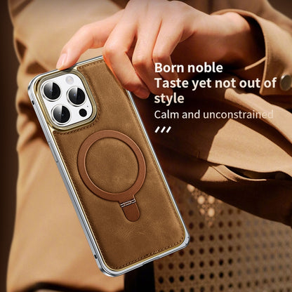 For iPhone 15 Metal Frame Oil Wax Leather MagSafe Phone Case with Spring Buckle Stand(Black) - iPhone 15 Cases by buy2fix | Online Shopping UK | buy2fix