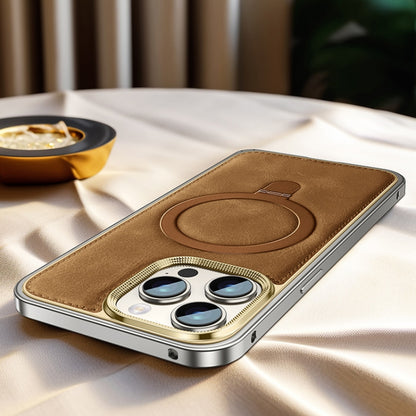 For iPhone 14 Pro Metal Frame Oil Wax Leather MagSafe Phone Case with Spring Buckle Stand(Brown) - iPhone 14 Pro Cases by buy2fix | Online Shopping UK | buy2fix