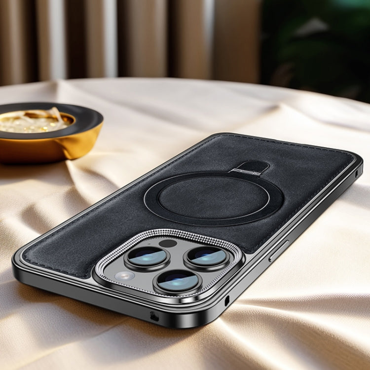For iPhone 14 Pro Metal Frame Oil Wax Leather MagSafe Phone Case with Spring Buckle Stand(Black) - iPhone 14 Pro Cases by buy2fix | Online Shopping UK | buy2fix