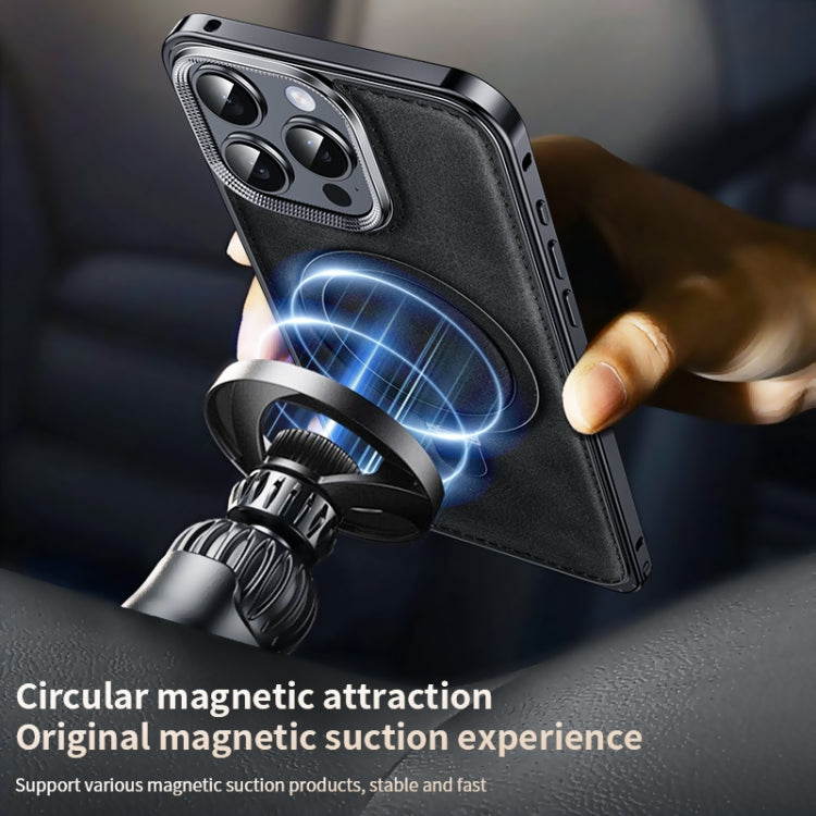 For iPhone 14 Pro Max Metal Frame Oil Wax Leather MagSafe Phone Case with Spring Buckle Stand(Brown) - iPhone 14 Pro Max Cases by buy2fix | Online Shopping UK | buy2fix