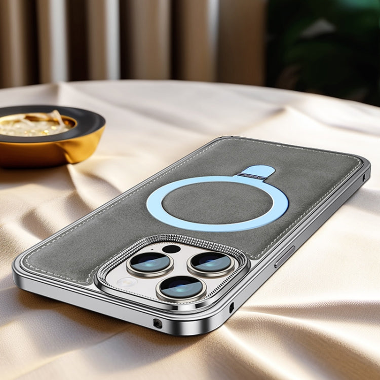 For iPhone 14 Pro Max Metal Frame Oil Wax Leather MagSafe Phone Case with Spring Buckle Stand(Grey) - iPhone 14 Pro Max Cases by buy2fix | Online Shopping UK | buy2fix