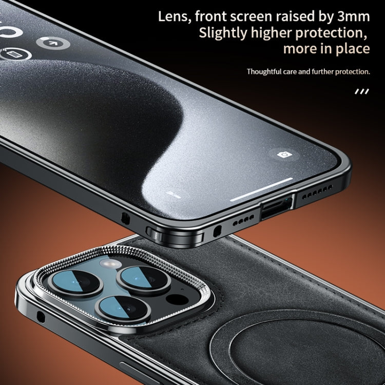 For iPhone 14 Pro Max Metal Frame Oil Wax Leather MagSafe Phone Case with Spring Buckle Stand(Black) - iPhone 14 Pro Max Cases by buy2fix | Online Shopping UK | buy2fix