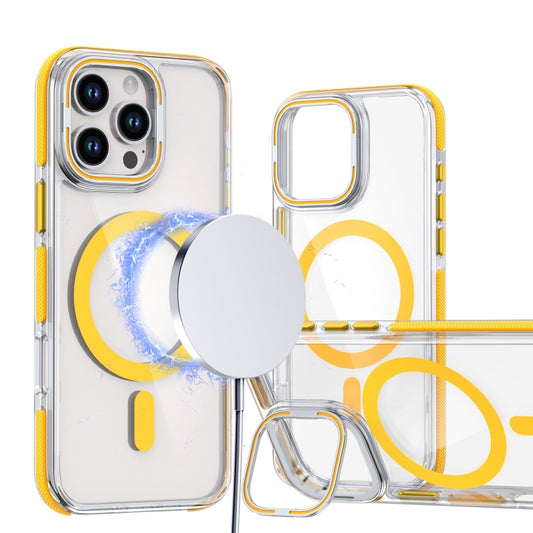 For iPhone 14 Pro Max Dual-Color Clear Acrylic Hybrid TPU Lens Flip Holder MagSafe Phone Case(Yellow) by buy2fix