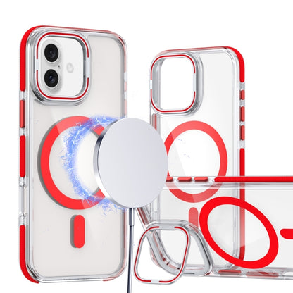 For iPhone 16 Dual-Color Clear Acrylic Hybrid TPU Lens Flip Holder MagSafe Phone Case(Red) - iPhone 16 Cases by buy2fix | Online Shopping UK | buy2fix