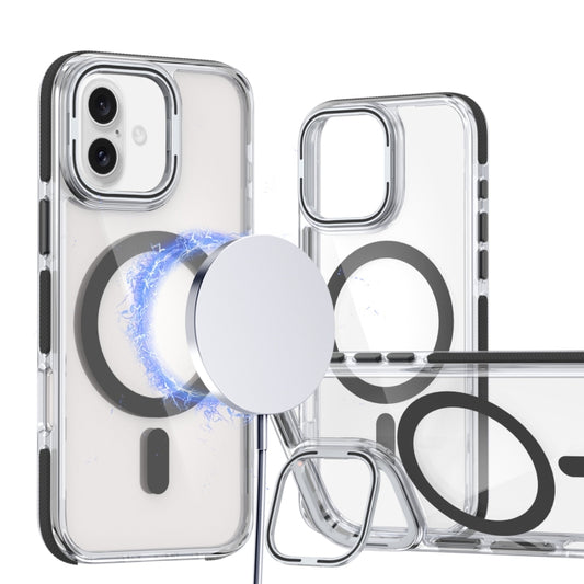 For iPhone 16 Dual-Color Clear Acrylic Hybrid TPU Lens Flip Holder MagSafe Phone Case(Black) - iPhone 16 Cases by buy2fix | Online Shopping UK | buy2fix