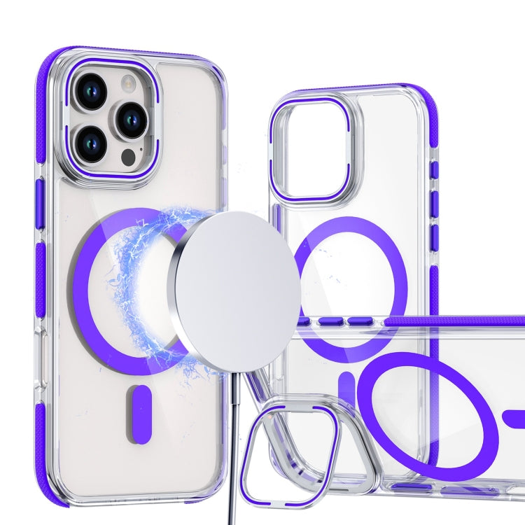 For iPhone 16 Pro Dual-Color Clear Acrylic Hybrid TPU Lens Flip Holder MagSafe Phone Case(Purple) - iPhone 16 Pro Cases by buy2fix | Online Shopping UK | buy2fix