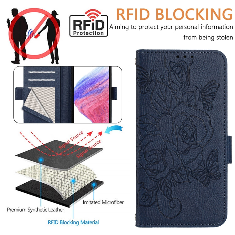 For Motorola Edge 5G 2024 Embossed Rose RFID Anti-theft Leather Phone Case(Dark Blue) by buy2fix