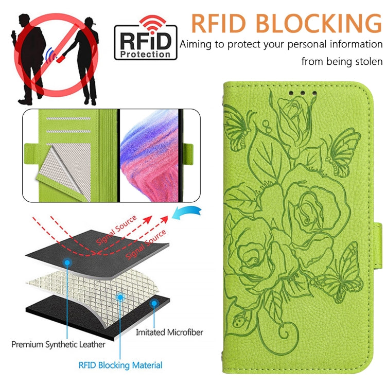 For Motorola Moto G Play 4G 2024 Embossed Rose RFID Anti-theft Leather Phone Case(Green) by buy2fix
