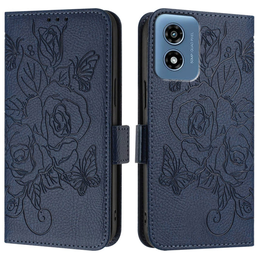 For Motorola Moto G Play 4G 2024 Embossed Rose RFID Anti-theft Leather Phone Case(Dark Blue) by buy2fix