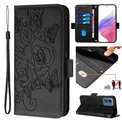 For Motorola Moto G Play 4G 2024 Embossed Rose RFID Anti-theft Leather Phone Case(Black) by buy2fix
