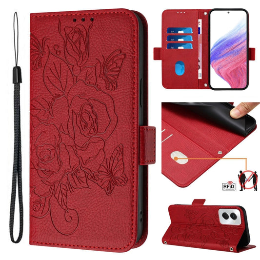 For Motorola Moto G Power 5G 2024 Embossed Rose RFID Anti-theft Leather Phone Case(Red) by buy2fix