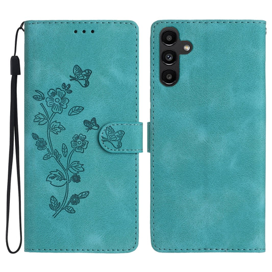 For Samsung Galaxy S25 5G Flower Butterfly Embossing Pattern Leather Phone Case(Sky Blue) - Galaxy S25 5G Cases by buy2fix | Online Shopping UK | buy2fix