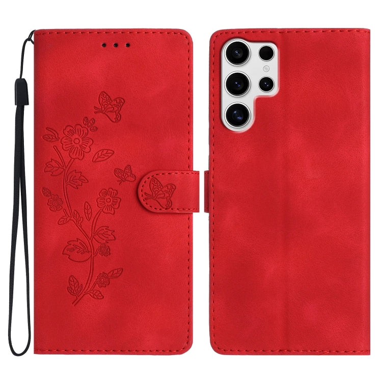 For Samsung Galaxy S25 Ultra 5G Flower Butterfly Embossing Pattern Leather Phone Case(Red) - Galaxy S25 Ultra 5G Cases by buy2fix | Online Shopping UK | buy2fix