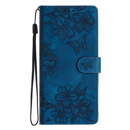 For Samsung Galaxy S25 5G Cherry Blossom Butterfly Skin Feel Embossed PU Phone Case(Blue) by buy2fix