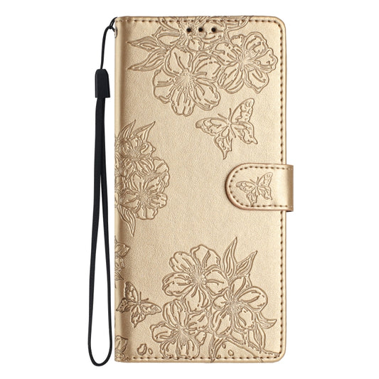 For Samsung Galaxy S25 5G Cherry Blossom Butterfly Skin Feel Embossed PU Phone Case(Gold) by buy2fix