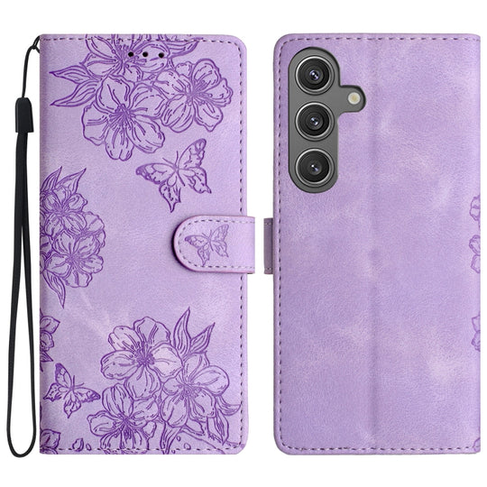For Samsung Galaxy S25+ 5G Cherry Blossom Butterfly Skin Feel Embossed PU Phone Case(Purple)