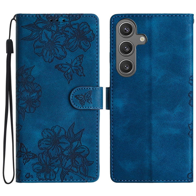 For Samsung Galaxy S25+ 5G Cherry Blossom Butterfly Skin Feel Embossed PU Phone Case(Blue) by buy2fix