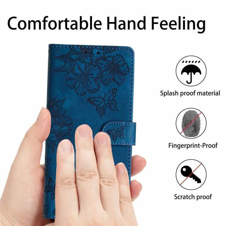 For Samsung Galaxy S25+ 5G Cherry Blossom Butterfly Skin Feel Embossed PU Phone Case(Blue) by buy2fix