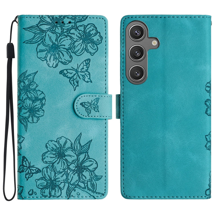For Samsung Galaxy S25+ 5G Cherry Blossom Butterfly Skin Feel Embossed PU Phone Case(Green) by buy2fix