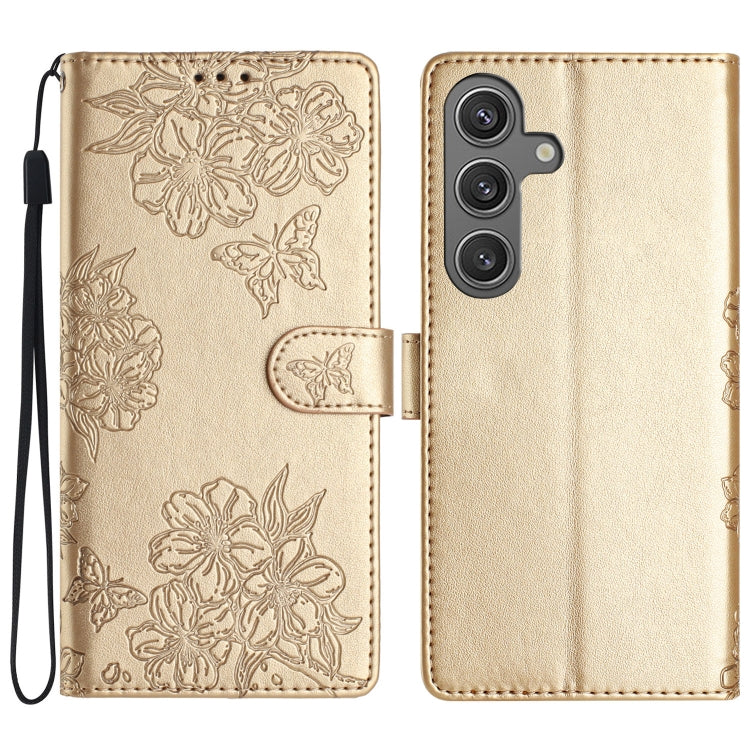 For Samsung Galaxy S25+ 5G Cherry Blossom Butterfly Skin Feel Embossed PU Phone Case(Gold) by buy2fix