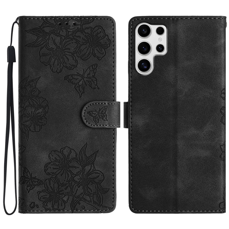 For Samsung Galaxy S25 Ultra 5G Cherry Blossom Butterfly Skin Feel Embossed PU Phone Case(Black) - Galaxy S25 Ultra 5G Cases by buy2fix | Online Shopping UK | buy2fix