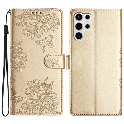 For Samsung Galaxy S25 Ultra 5G Cherry Blossom Butterfly Skin Feel Embossed PU Phone Case(Gold) by buy2fix