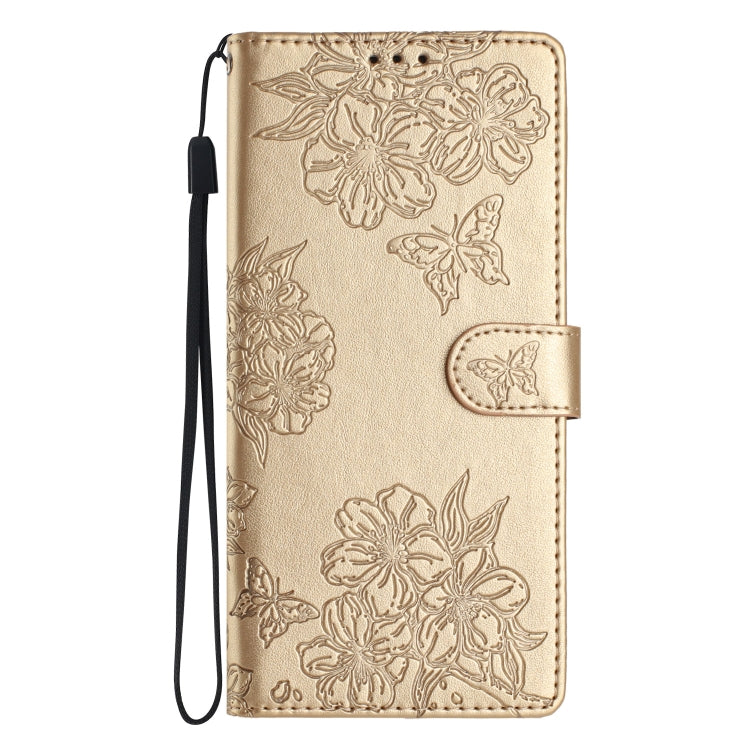 For Samsung Galaxy S25 Ultra 5G Cherry Blossom Butterfly Skin Feel Embossed PU Phone Case(Gold) by buy2fix