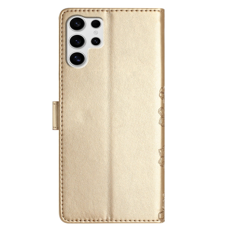 For Samsung Galaxy S25 Ultra 5G Cherry Blossom Butterfly Skin Feel Embossed PU Phone Case(Gold) by buy2fix