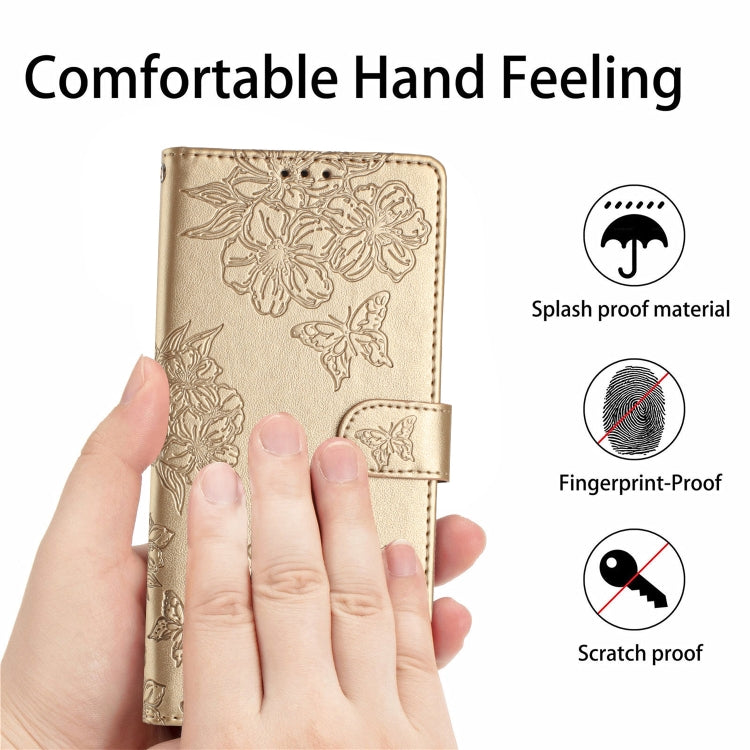 For Samsung Galaxy S25 Ultra 5G Cherry Blossom Butterfly Skin Feel Embossed PU Phone Case(Gold) by buy2fix