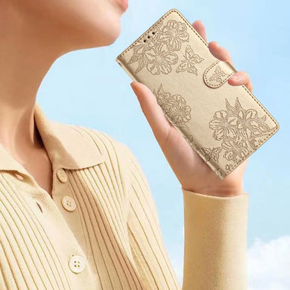 For Samsung Galaxy S25 Ultra 5G Cherry Blossom Butterfly Skin Feel Embossed PU Phone Case(Gold) by buy2fix
