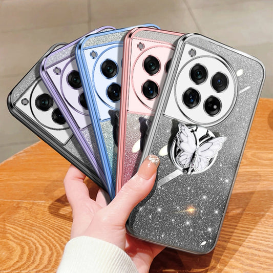 For OnePlus 12 Plated Gradient Glitter Butterfly Holder TPU Phone Case(Pink) by buy2fix