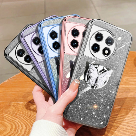 For OnePlus 11 Plated Gradient Glitter Butterfly Holder TPU Phone Case(Silver) by buy2fix