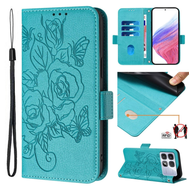 For Redmi K70 Ultra 5G Global Embossed Rose RFID Anti-theft Leather Phone Case(Light Blue) - Xiaomi Cases by buy2fix | Online Shopping UK | buy2fix