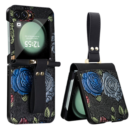 For Samsung Galaxy Z Flip5 VIETAO Integrated Embossed Pattern Full Coverage Phone Case with Wrist Strap(Black) - Galaxy Z Flip5 Cases by VIETAO | Online Shopping UK | buy2fix