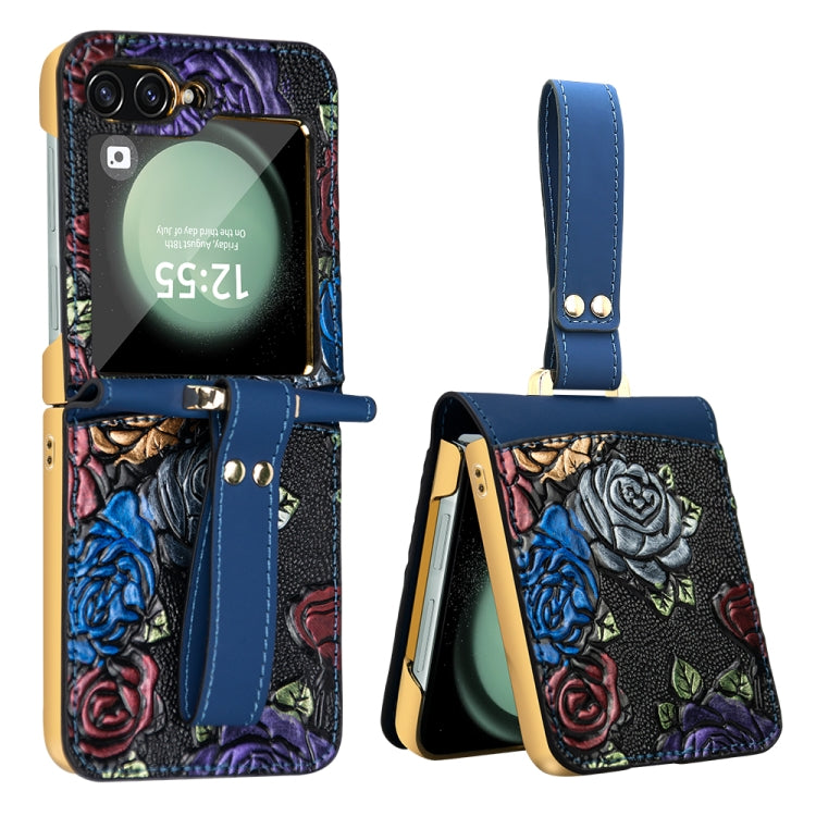 For Samsung Galaxy Z Flip5 VIETAO Integrated Embossed Pattern Full Coverage Phone Case with Wrist Strap(Blue) - Galaxy Z Flip5 Cases by VIETAO | Online Shopping UK | buy2fix