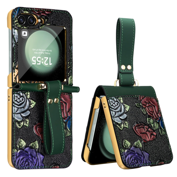 For Samsung Galaxy Z Flip5 VIETAO Integrated Embossed Pattern Full Coverage Phone Case with Wrist Strap(Green) - Galaxy Z Flip5 Cases by VIETAO | Online Shopping UK | buy2fix