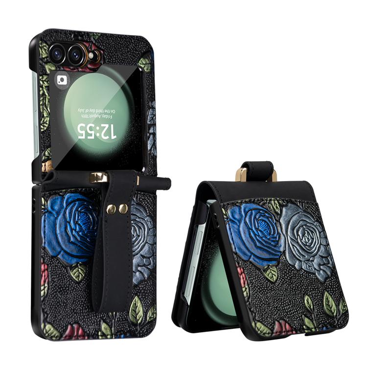 For Samsung Galaxy Z Flip6 VIETAO Integrated Embossed Pattern Full Coverage Phone Case with Wrist Strap(Black) - Galaxy Z Fold6 5G Cases by VIETAO | Online Shopping UK | buy2fix