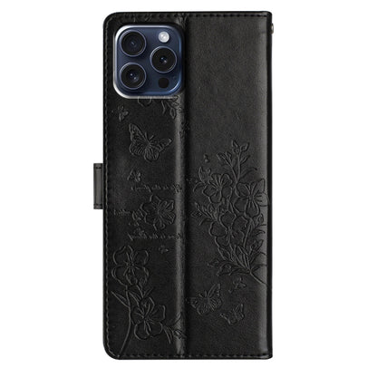 For iPhone 16 Pro Max Butterflies and Flowers Leather Phone Case(Black) - iPhone 16 Pro Max Cases by buy2fix | Online Shopping UK | buy2fix