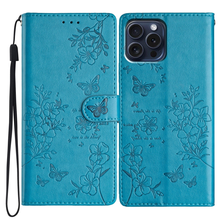 For iPhone 16 Pro Max Butterflies and Flowers Leather Phone Case(Blue) by buy2fix