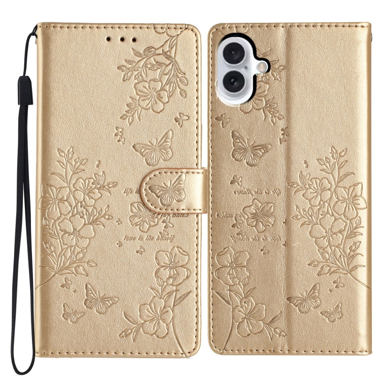 For iPhone 16 Butterflies and Flowers Leather Phone Case(Gold) - iPhone 16 Cases by buy2fix | Online Shopping UK | buy2fix