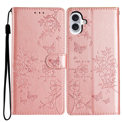 For iPhone 16 Butterflies and Flowers Leather Phone Case(Rose Gold) - iPhone 16 Cases by buy2fix | Online Shopping UK | buy2fix