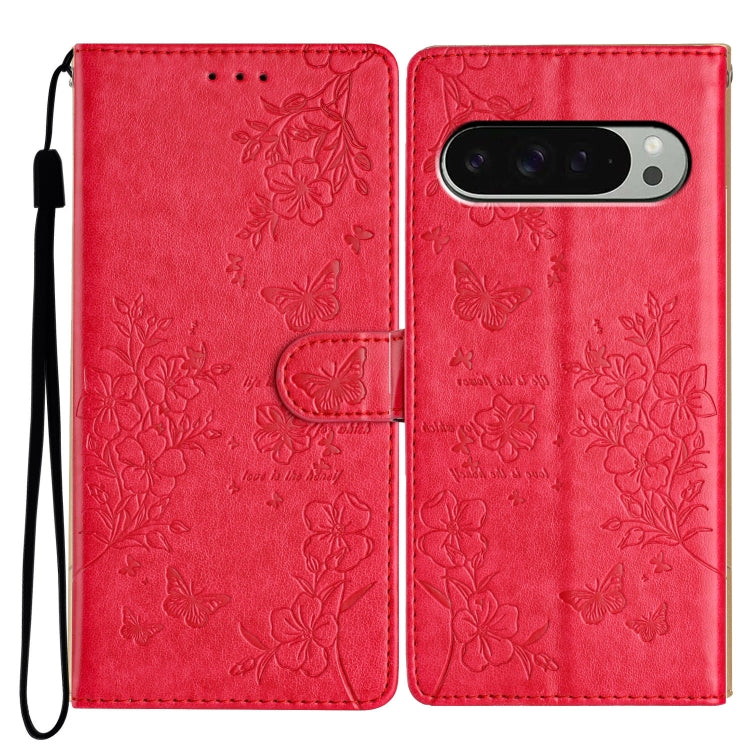 For Google Pixel 9 / 9 Pro Butterflies and Flowers Leather Phone Case(Red) - Google Cases by buy2fix | Online Shopping UK | buy2fix