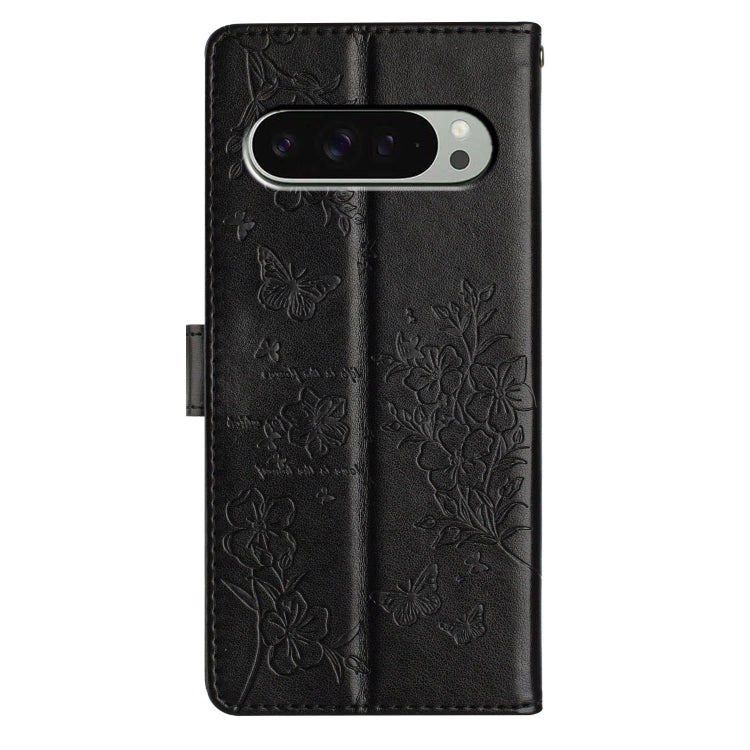 For Google Pixel 9 Pro XL Butterflies and Flowers Leather Phone Case(Black) by buy2fix