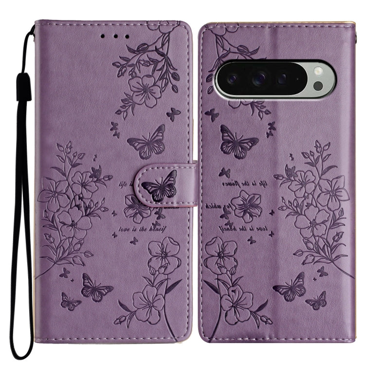 For Google Pixel 9 Pro XL Butterflies and Flowers Leather Phone Case(Purple) by buy2fix