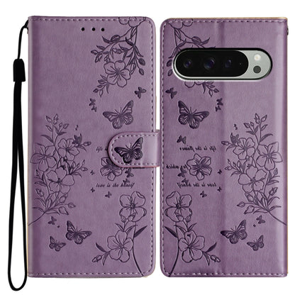 For Google Pixel 9 Pro XL Butterflies and Flowers Leather Phone Case(Purple) by buy2fix